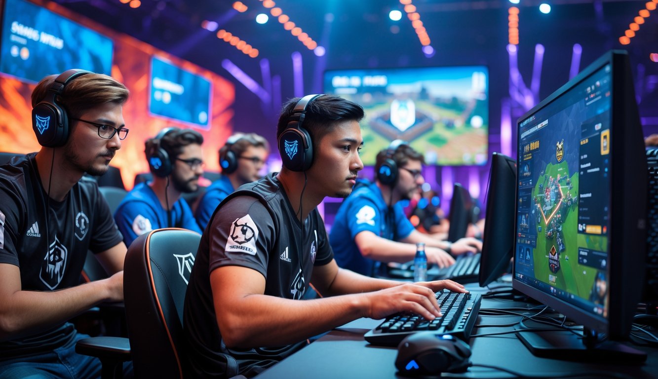 Sekelompok pemain esports sedang fokus bermain dalam turnamen Honor of Kings dengan latar belakang layar besar dan pencahayaan warna-warni.