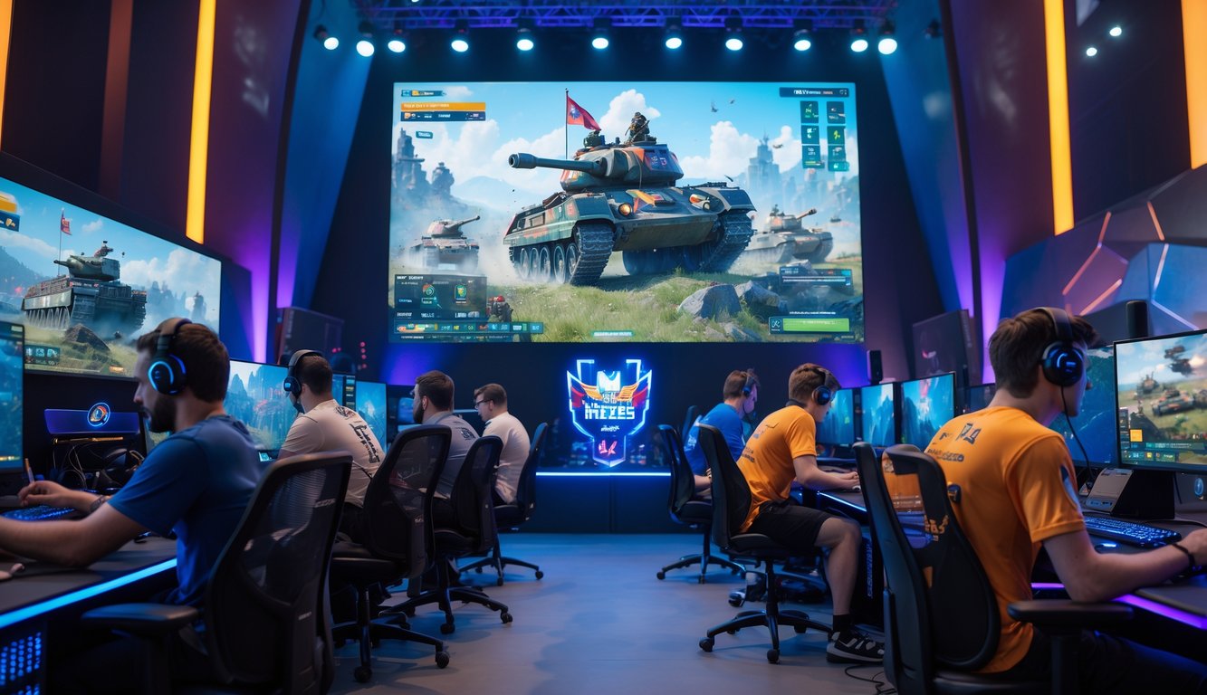 Sejumlah pemain esports sedang fokus bermain game Honor of Kings dengan layar besar menampilkan pertarungan hero tank di turnamen.