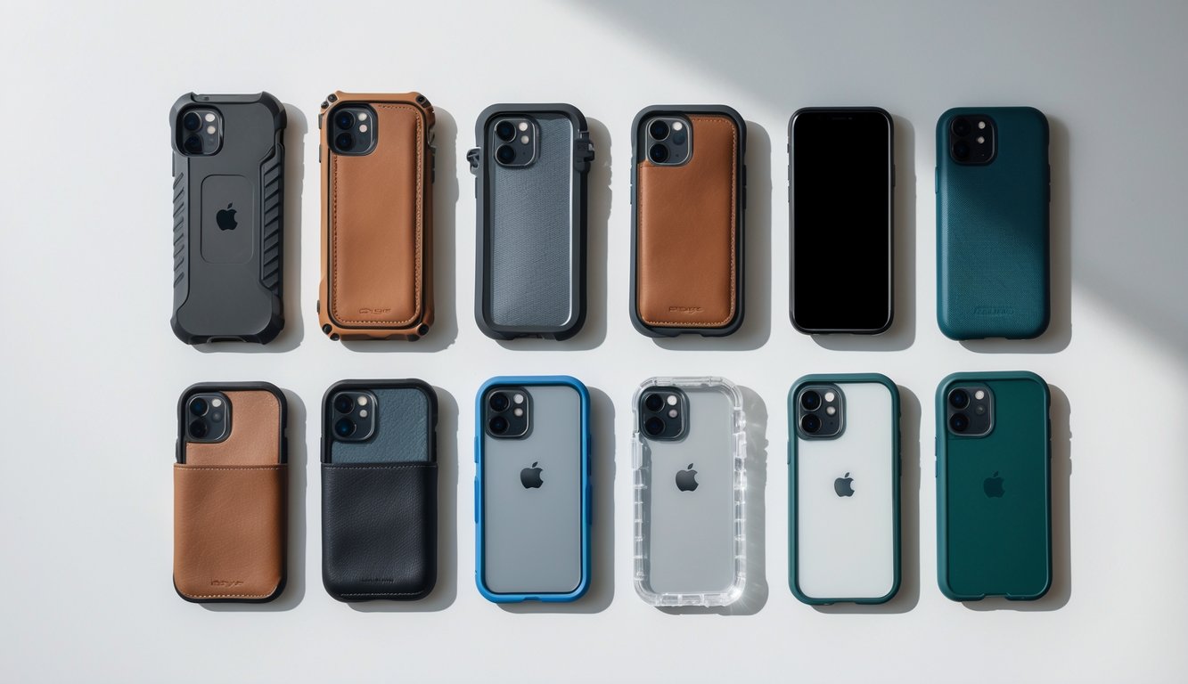 Sepuluh jenis casing iPhone berbeda ditata rapi di atas permukaan putih, menunjukkan berbagai model dan bahan untuk melindungi ponsel dari benturan dan jatuh.