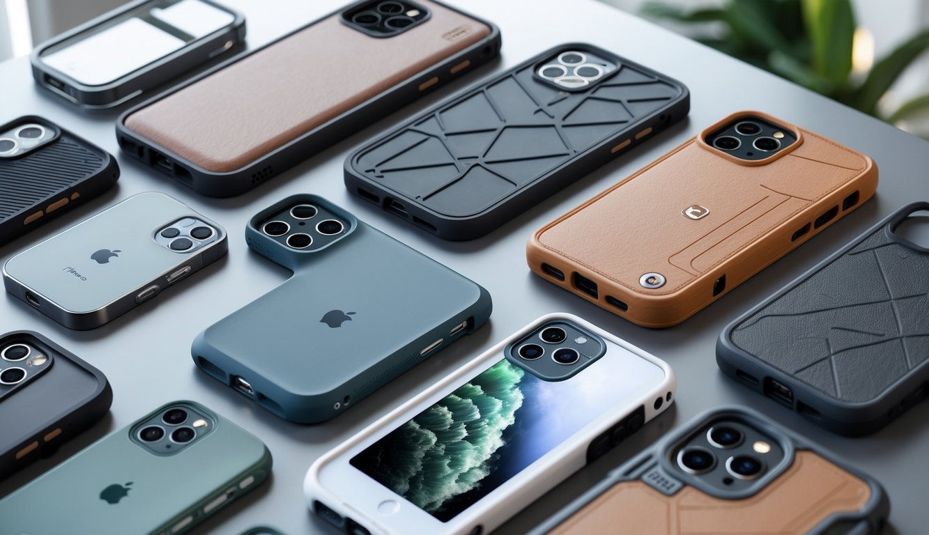 Beberapa jenis casing iPhone berkualitas berbeda warna dan bahan, ditata rapi di atas permukaan dengan pencahayaan alami.