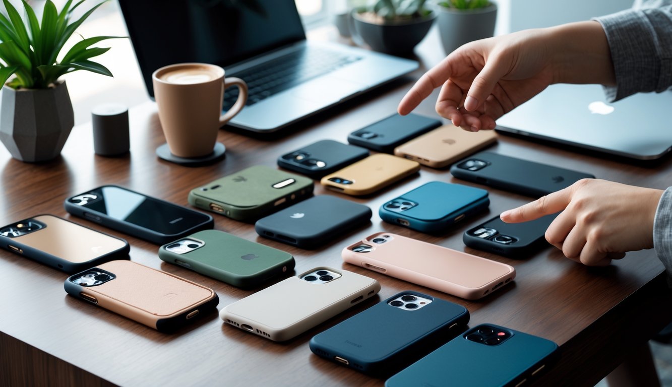 Sebuah meja kerja dengan beberapa casing iPhone berwarna dan desain berbeda, tangan seseorang memegang iPhone dengan casing, di latar belakang terdapat laptop, tanaman, dan secangkir kopi.