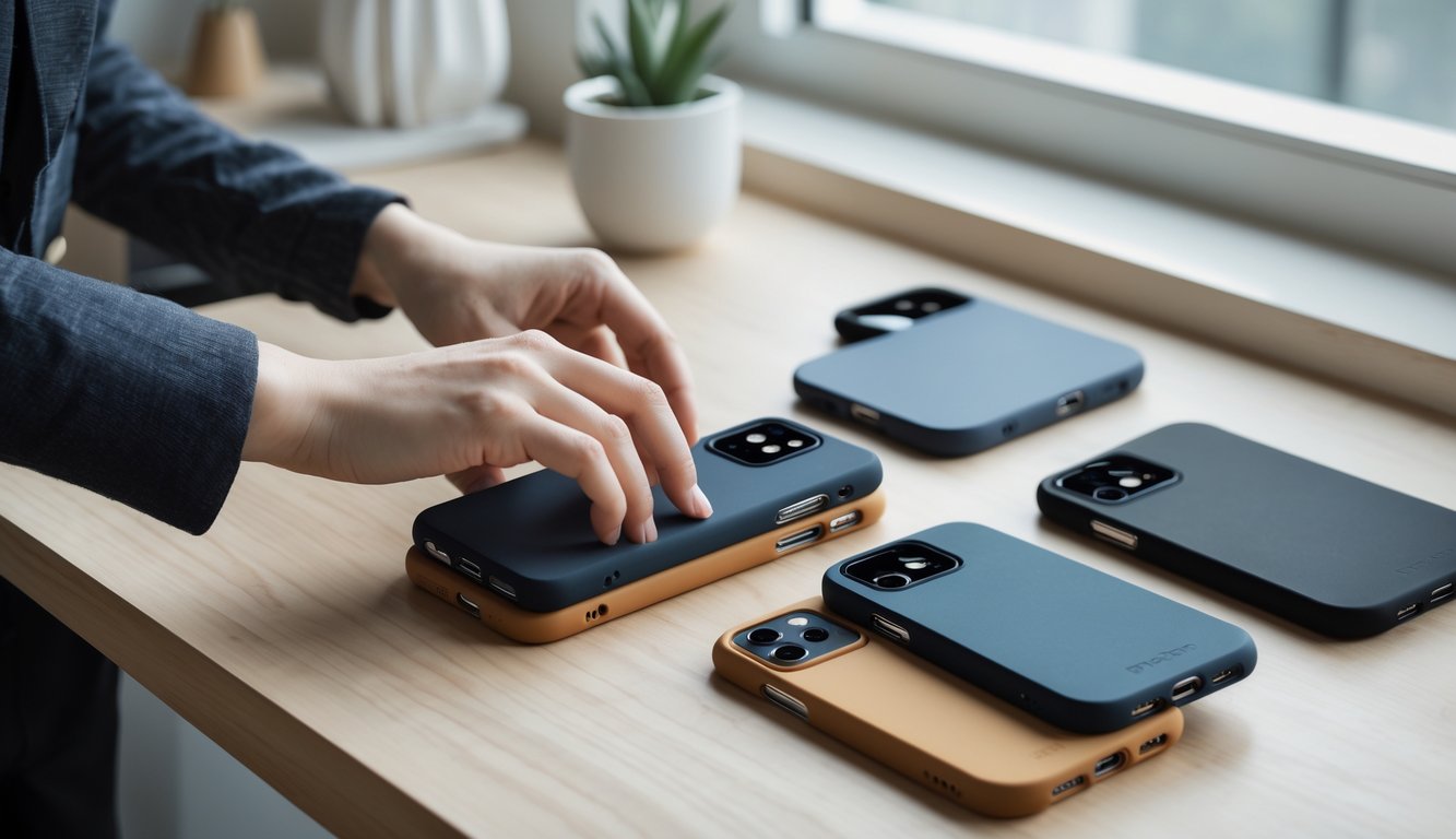 Tangan seseorang memilih casing iPhone dari berbagai pilihan casing yang tertata rapi di atas meja kayu di ruang kerja.