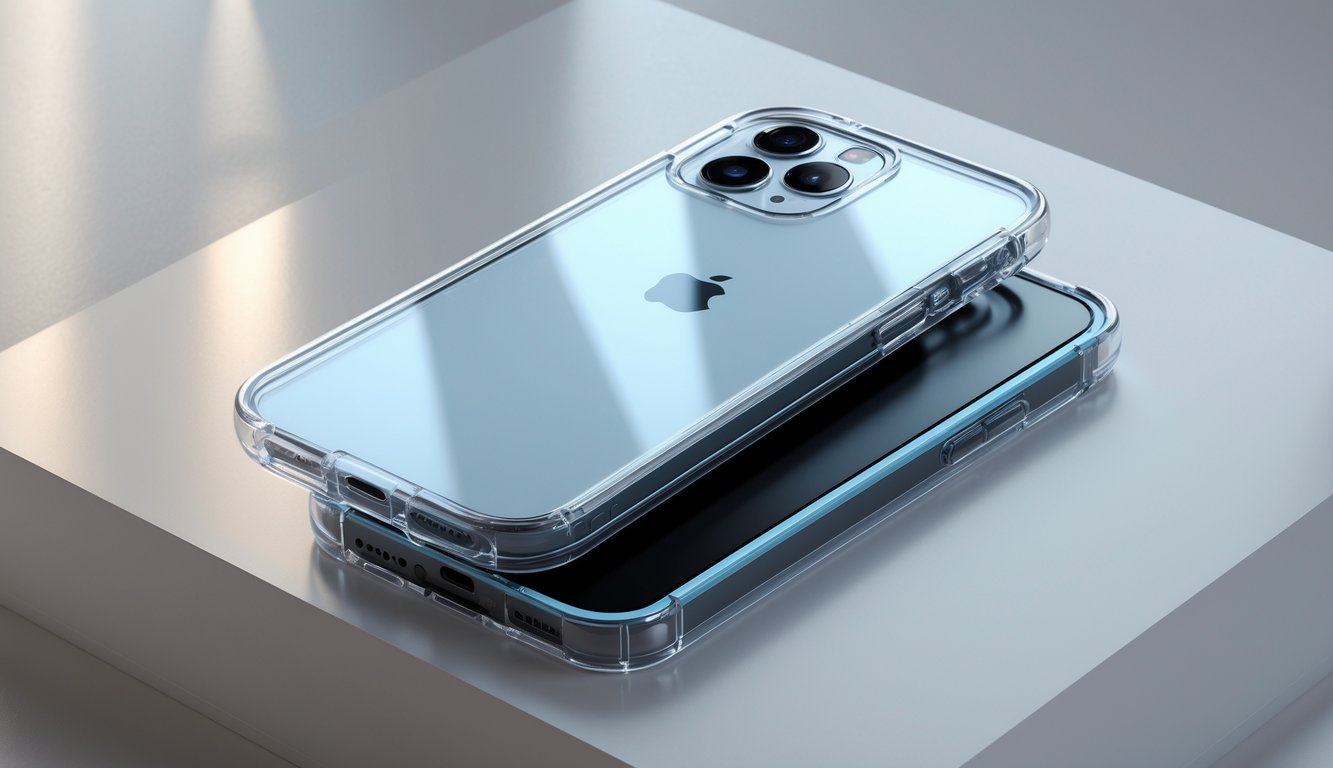 Sebuah ponsel dengan casing pelindung transparan yang terlihat aman dan stylish diletakkan di atas permukaan bersih.