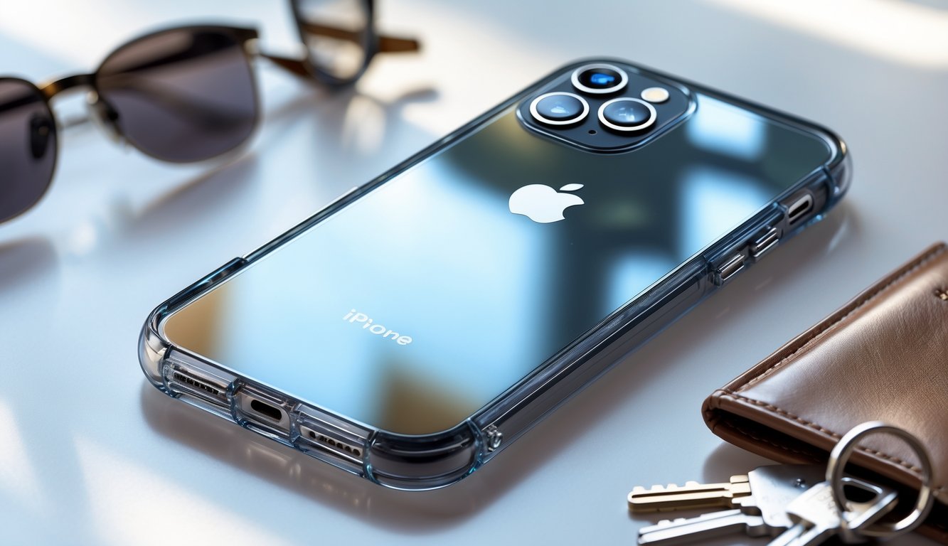 Sebuah iPhone dengan casing pelindung transparan diletakkan di atas permukaan putih dengan beberapa aksesori seperti kacamata dan dompet di sekitarnya.