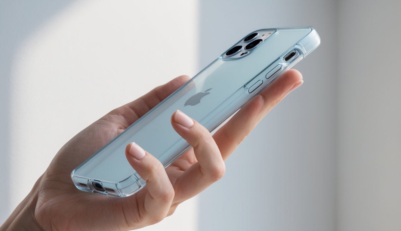 Sebuah iPhone dengan casing tipis dan ringan yang sedang dipegang oleh seseorang dengan latar belakang bersih dan sederhana.