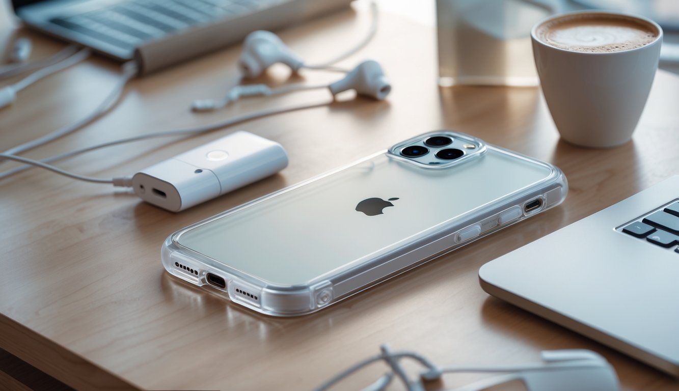 Sebuah iPhone dengan casing tipis dan ringan diletakkan di atas meja kerja kayu dengan beberapa aksesori seperti earbud dan laptop di sekitarnya.