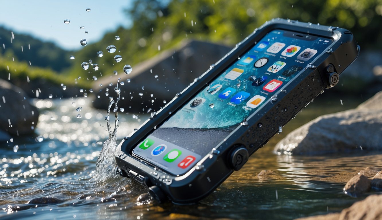 Sebuah iPhone dengan casing tahan air dan debu sedang berada di luar ruangan di dekat sungai dan bebatuan.