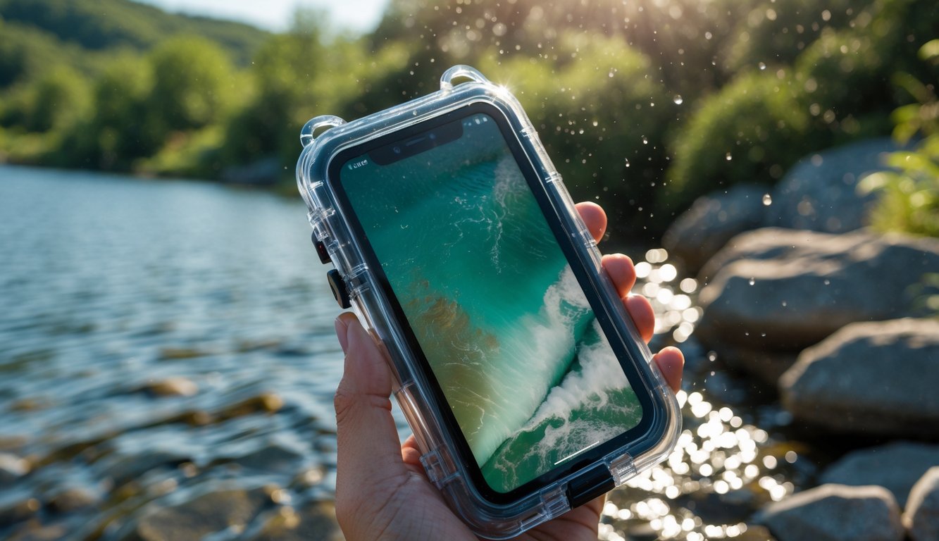 Seseorang memegang iPhone dengan casing tahan air dan debu di luar ruangan dekat air dan pepohonan.