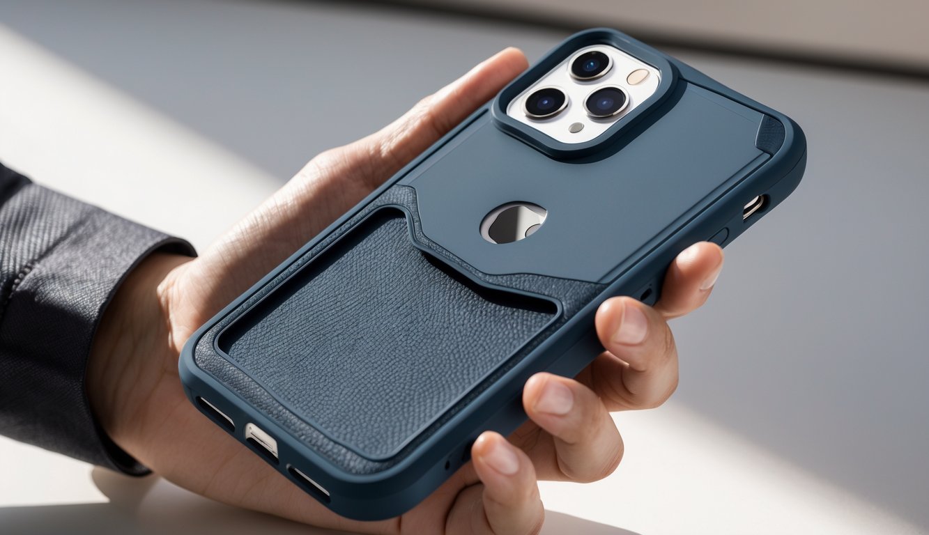 Sebuah iPhone dengan casing premium dipegang oleh seseorang dengan latar belakang minimalis.