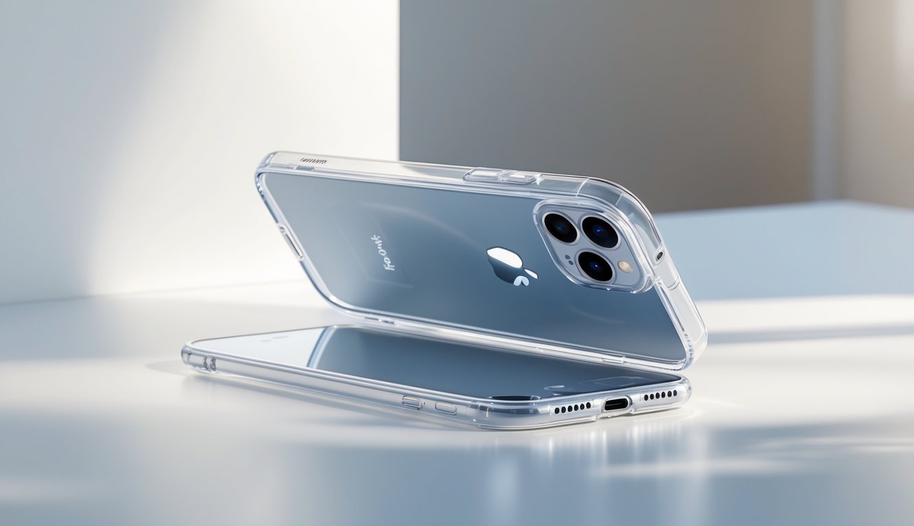 Sebuah iPhone dengan casing transparan yang menampilkan desain asli ponsel, diletakkan di atas permukaan putih dengan pencahayaan alami.