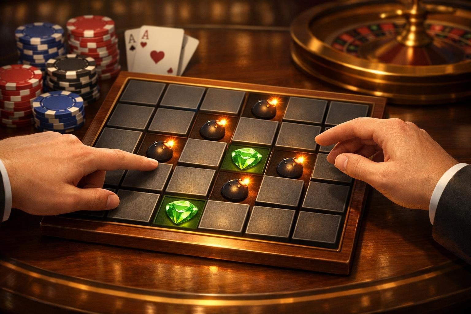A Casino Game Board With A Grid Of Tiles, Some Revealing Hidden Mines, Surrounded By Poker Chips And Playing Cards On A Wooden Table.