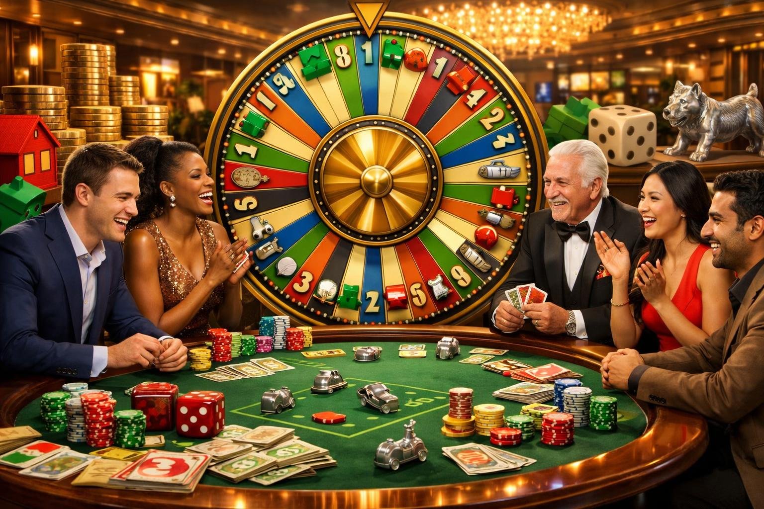 A Lively Casino Table With A Spinning Wheel And Players Engaged In A MonopolyThemed Live Casino Game.