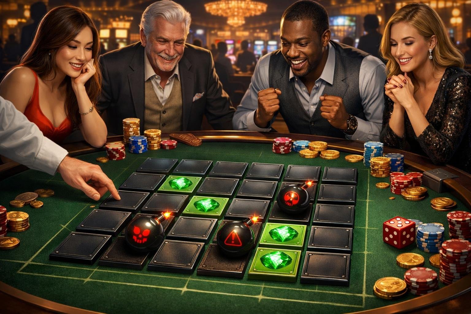 A Casino Gaming Table With A Minefield Grid, Players Focused On The Game, And A Luxurious Casino Background.