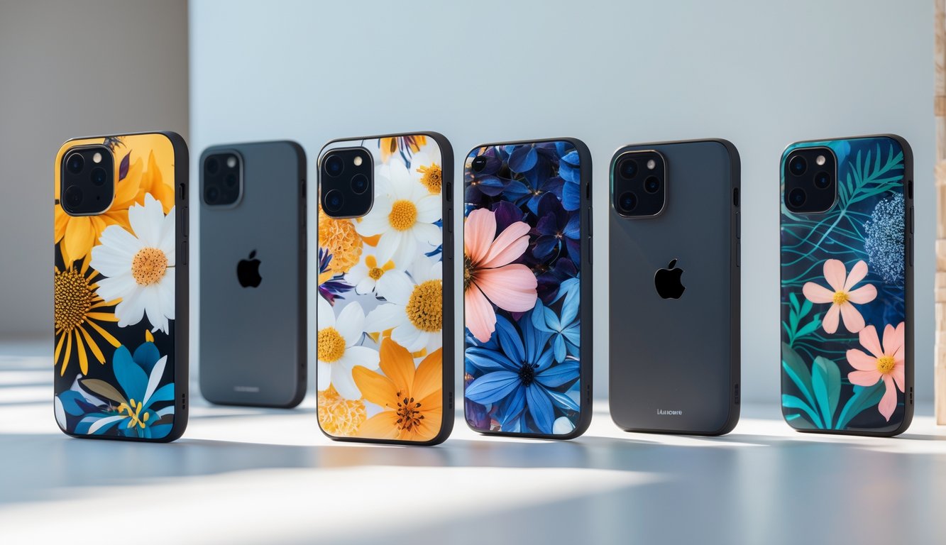 Beberapa iPhone dengan casing kustom berdesain unik dan berkualitas tinggi diletakkan di atas permukaan yang bersih dan modern.