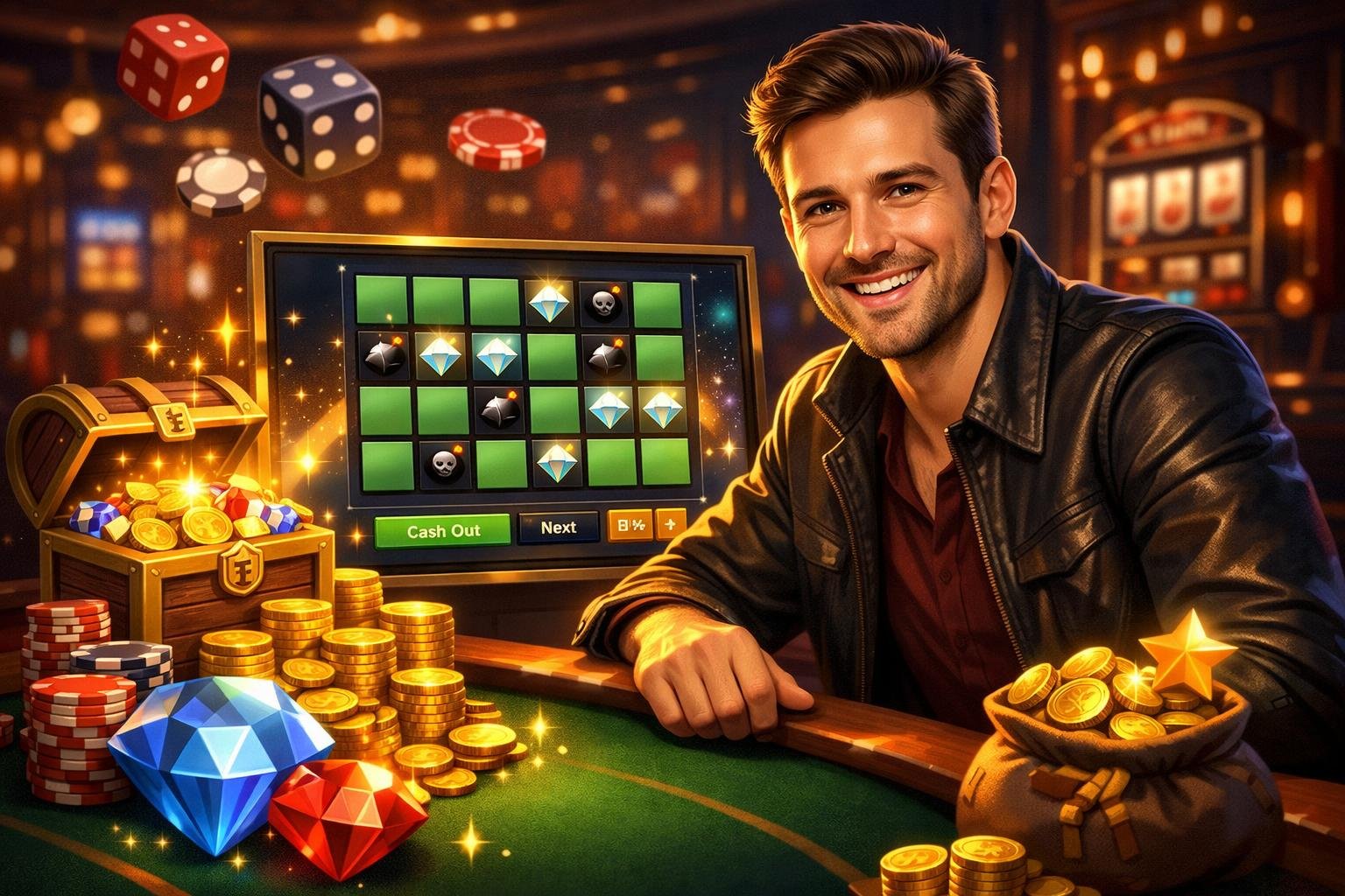 A Player Sitting At A Casino Table Playing A Mines Game With Coins And Treasure Chests Around, Showing Excitement And Potential Rewards.
