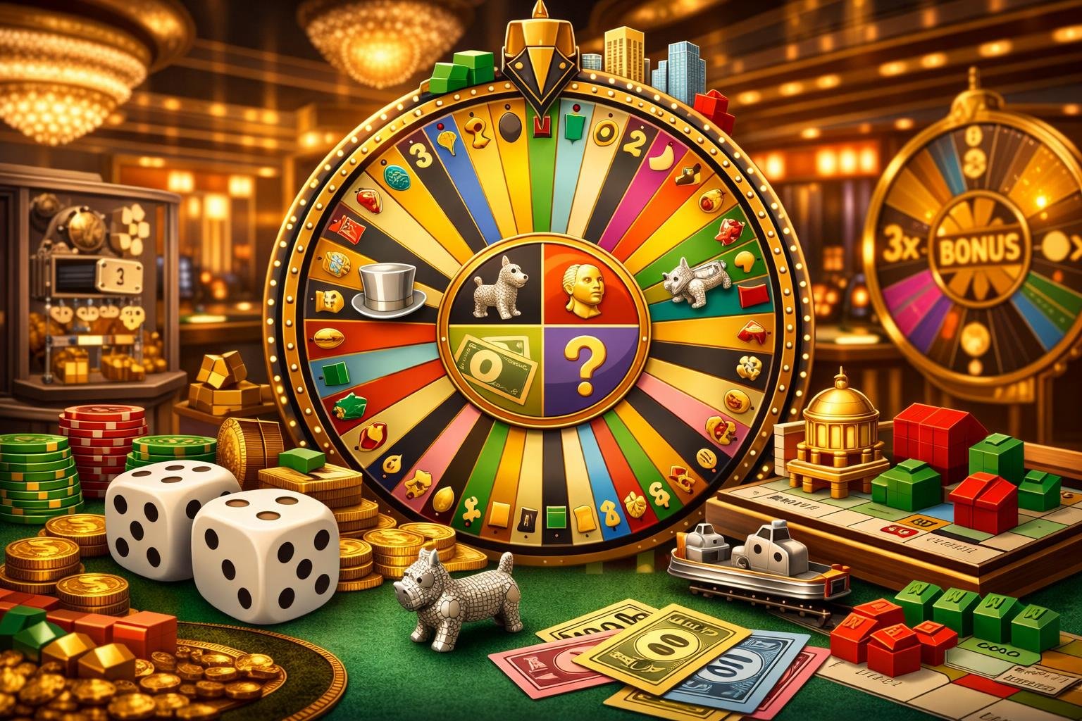 A Colorful Casino Scene Showing A Large Spinning Wheel With MonopolyThemed Icons, Dice, Property Cards, And Chips On A Gaming Table.