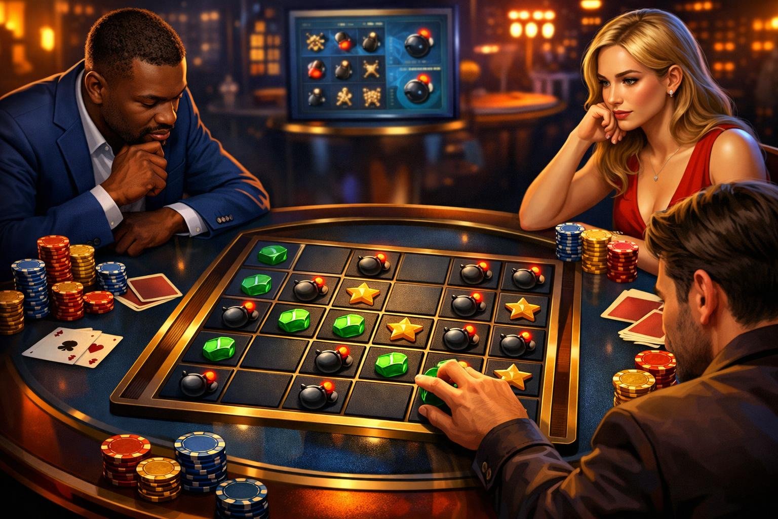A Casino Table With A Grid Of Tiles Representing A Mines Game, Surrounded By Players Engaged In Gameplay With Chips And Cards.