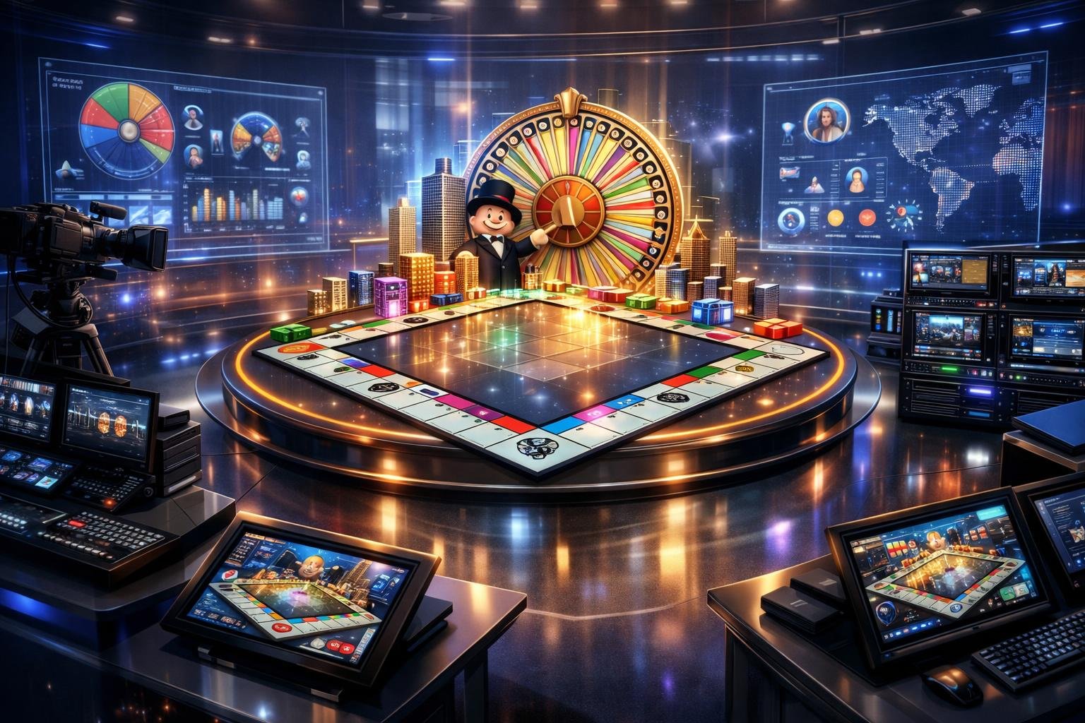 A HighTech Casino Scene Showing A Digital Monopoly Game Board Surrounded By Gaming Devices And Holographic Interfaces Displaying Game Data.