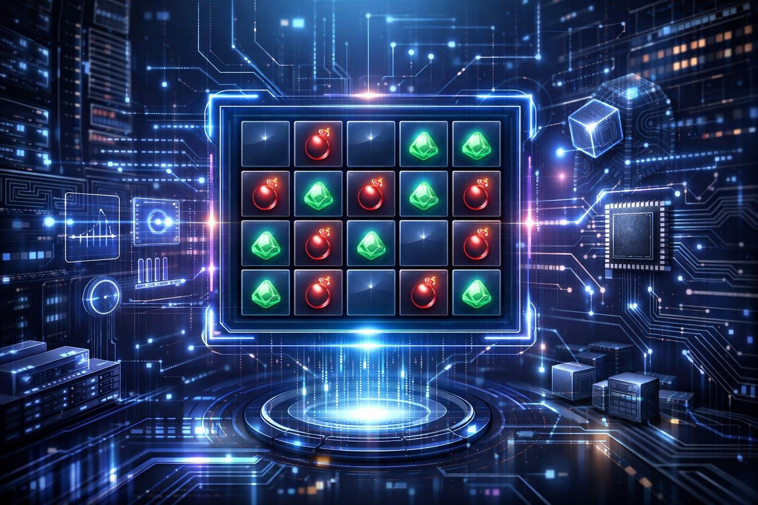 A Futuristic Digital Game Interface Showing A Grid With Mine Icons, Surrounded By Holographic Data And Technological Elements Representing The Game's Underlying Technology.