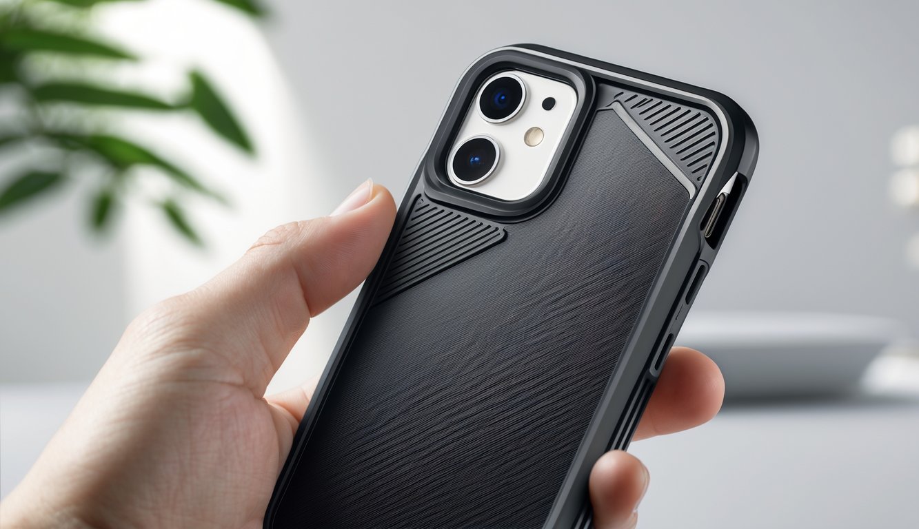 Sebuah casing iPhone dengan tekstur anti-selip dan fitur tahan benturan sedang dipegang oleh tangan dengan latar belakang bersih.