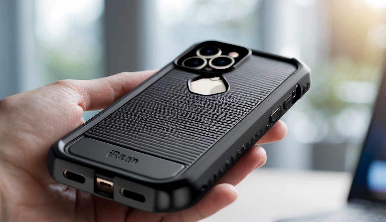 Gambar close-up iPhone dengan casing anti-slip dan shockproof yang dipegang erat oleh seseorang.