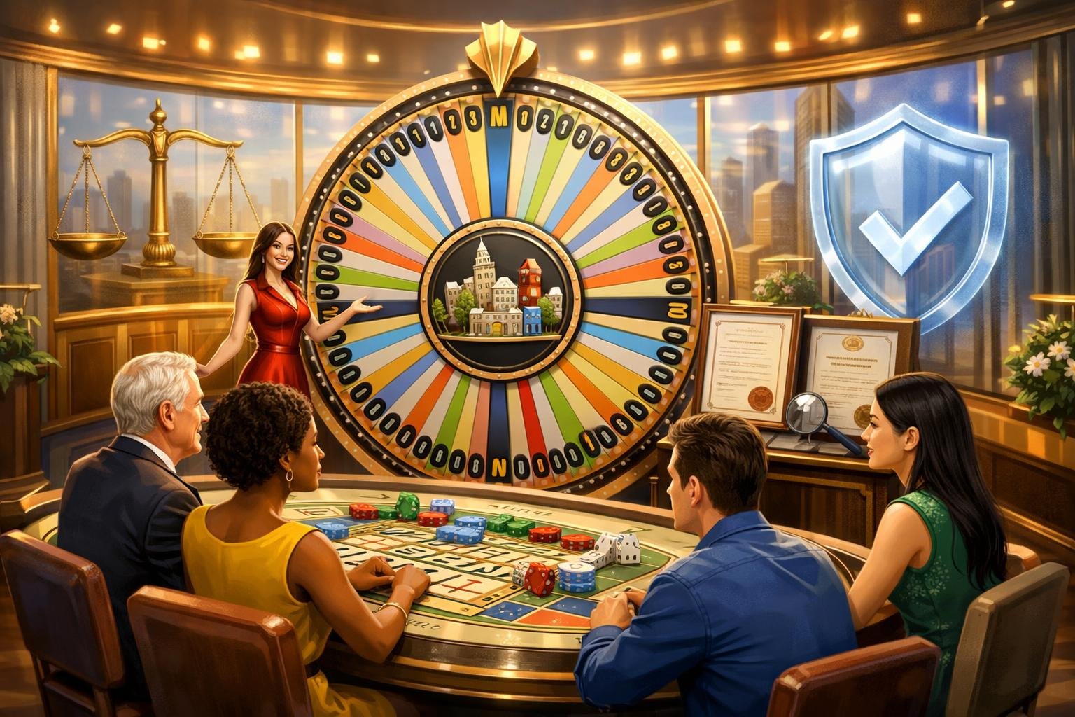 A Casino Game Scene With A Spinning Wheel And Diverse Players, Featuring Symbols Of Fairness And Regulation Like A Balanced Scale And Certificates.