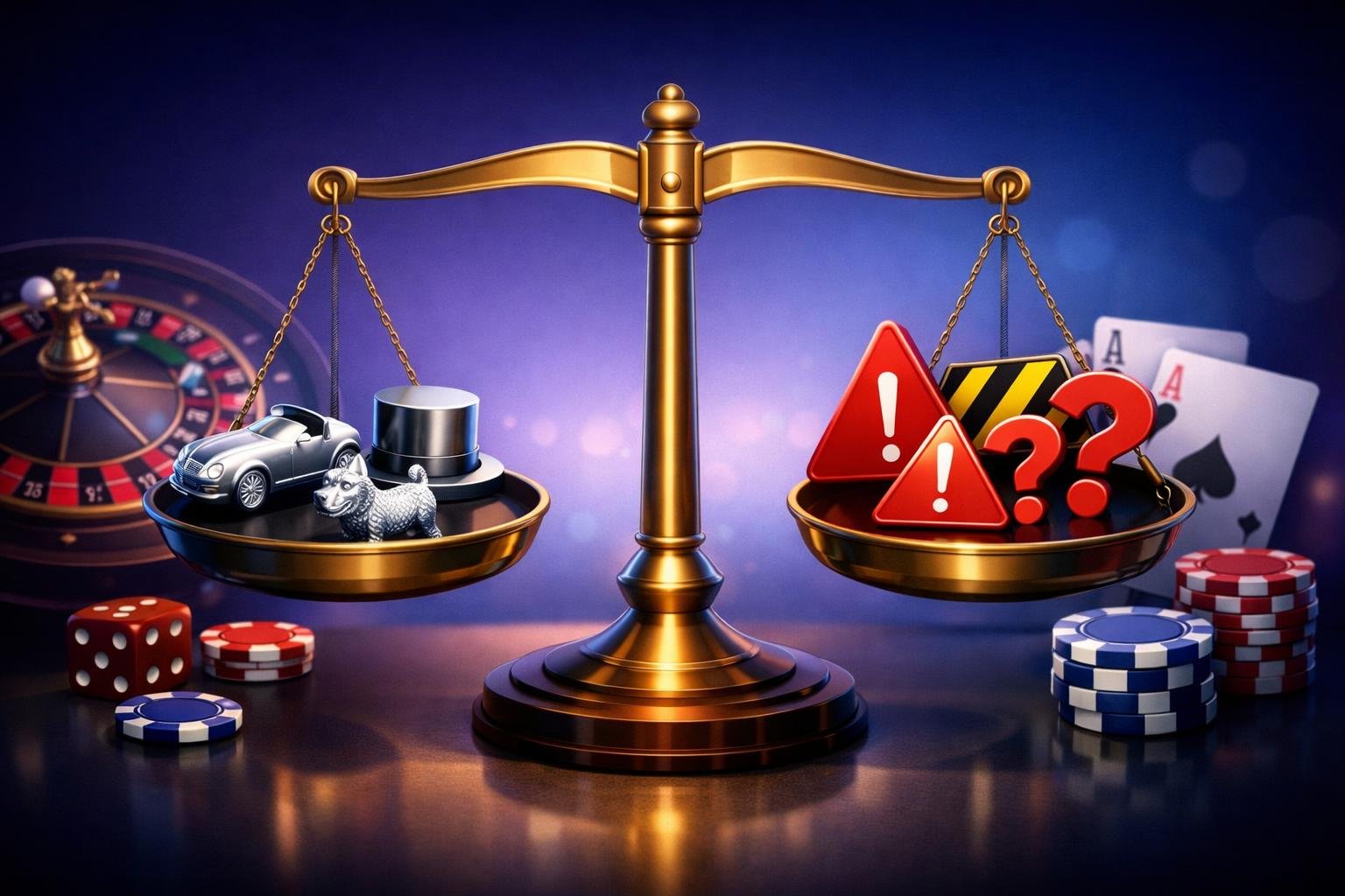 A Balanced Scale With Monopoly Game Tokens On One Side And Caution Symbols On The Other, Surrounded By Casino Elements Like Roulette Wheels And Playing Cards.