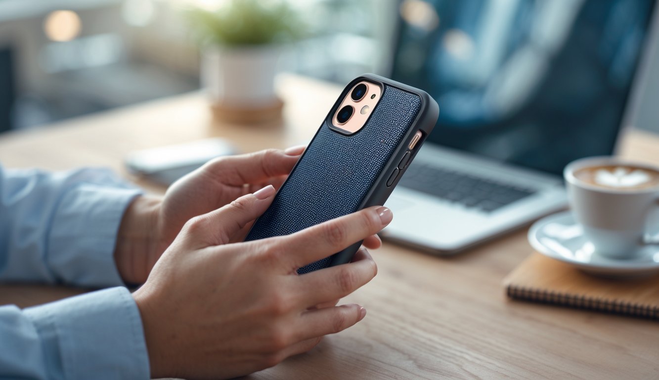 Tangan seseorang memegang iPhone dengan casing yang tahan lama di atas meja kerja dengan latar belakang laptop dan alat tulis.