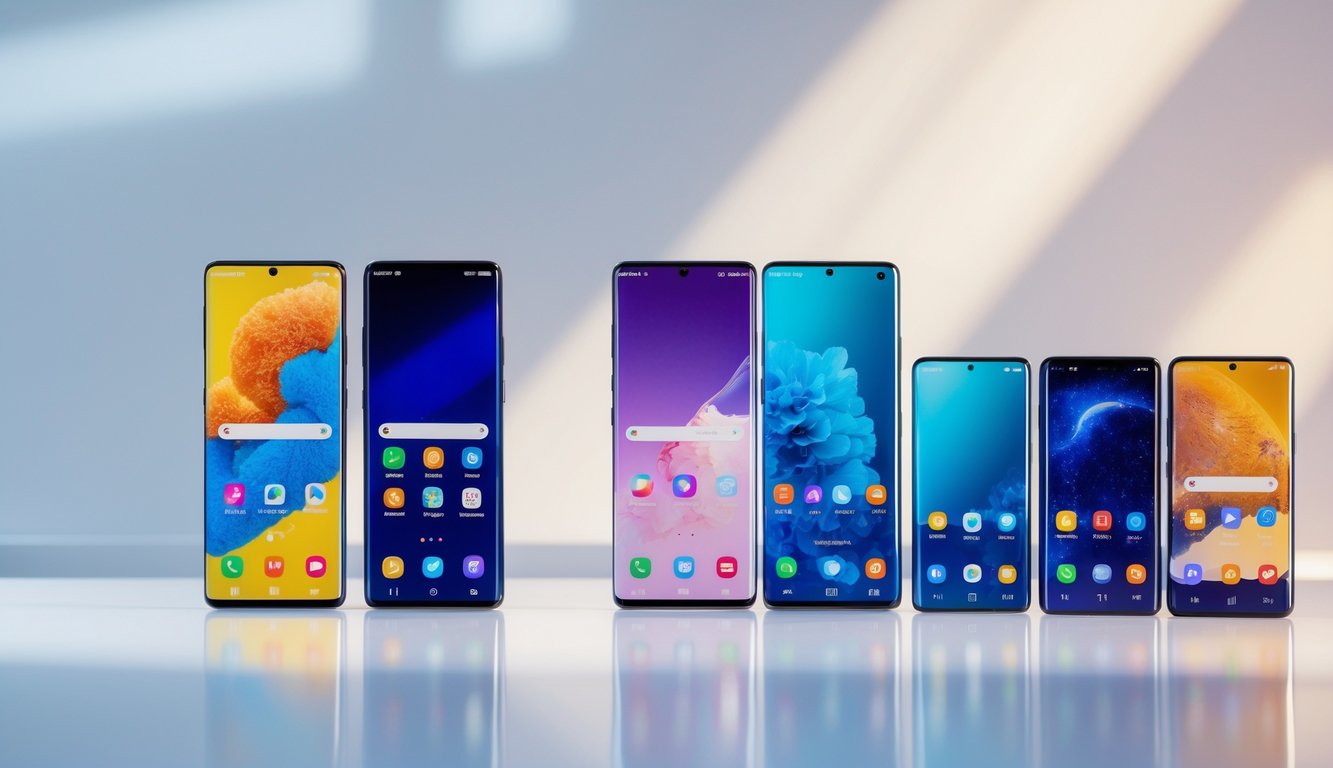 Beberapa model ponsel Samsung terbaru tahun 2026 ditata rapi di atas permukaan putih dengan layar berwarna cerah.