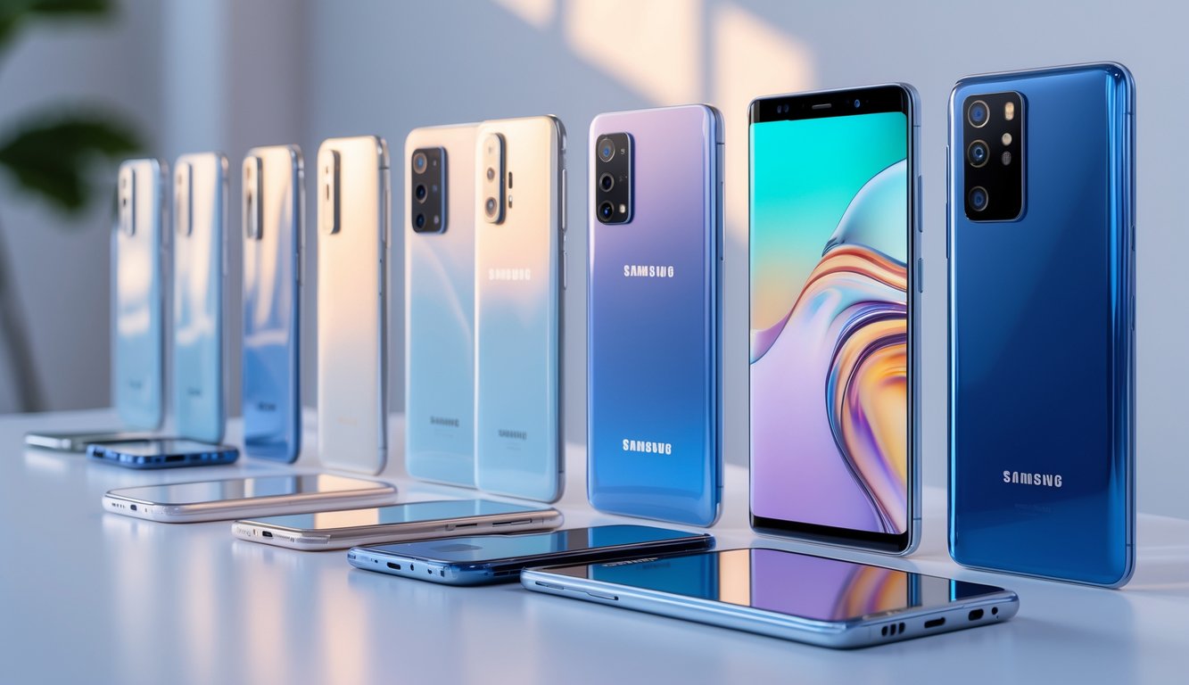 Deretan ponsel Samsung terbaru tahun 2026 yang ditata rapi di atas permukaan putih dengan latar belakang minimalis.