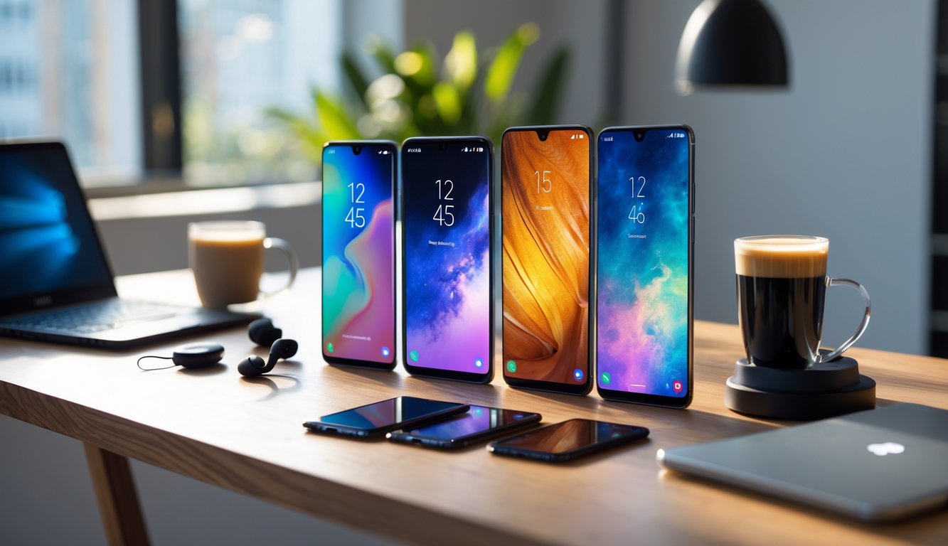 Tiga ponsel Samsung Galaxy seri A, M, dan S diletakkan berdampingan di atas meja kerja dengan aksesori teknologi di sekitarnya.