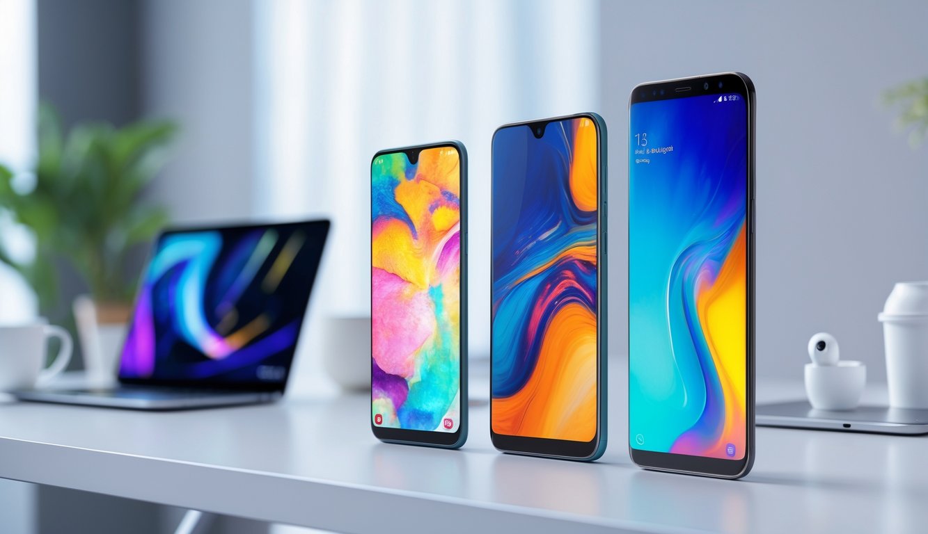 Tiga ponsel Samsung Galaxy A, M, dan S diletakkan berdampingan di atas meja dengan latar belakang alat teknologi dan pencahayaan alami.