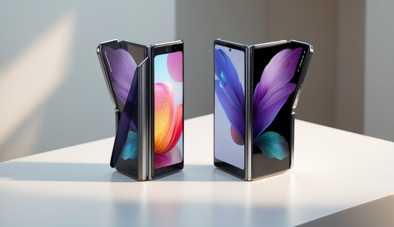 Dua ponsel lipat Samsung Galaxy Z Fold dan Galaxy Z Flip yang diletakkan berdampingan di atas permukaan putih.