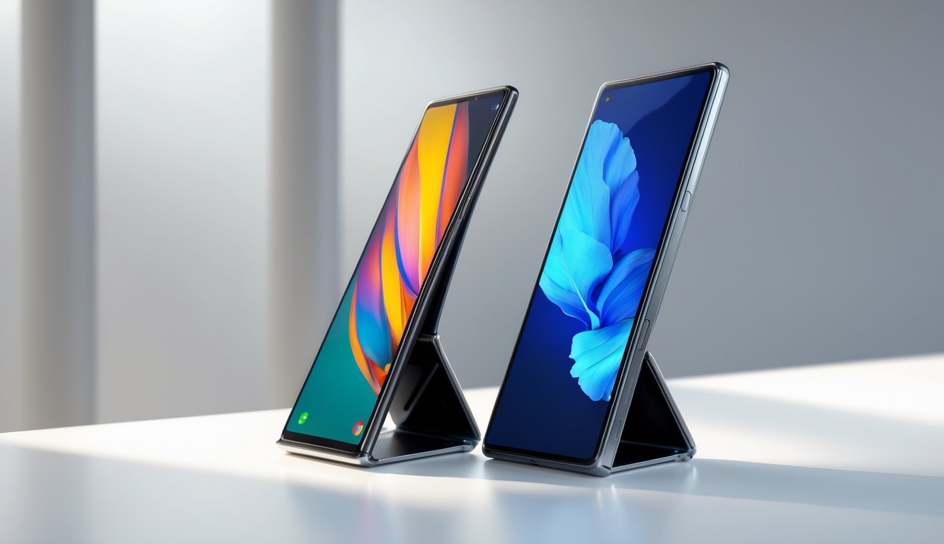 Dua smartphone Samsung Galaxy Z Fold dan Galaxy Z Flip berdampingan di atas permukaan putih, menampilkan desain lipat yang berbeda.