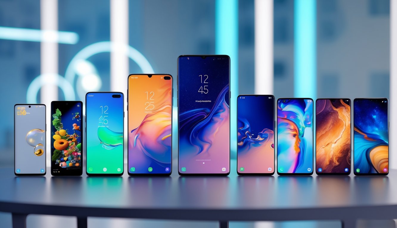 Beberapa ponsel Samsung diletakkan di atas meja menampilkan gambar permainan dan foto berkualitas tinggi pada layar mereka.