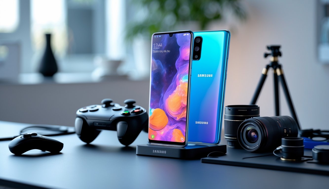 Meja kerja modern dengan ponsel Samsung terbaru, aksesori gaming, dan alat fotografi di sekitarnya.