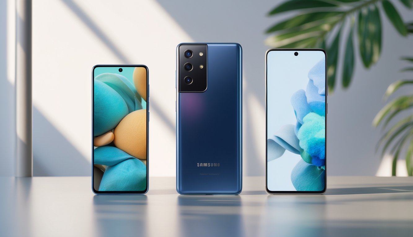 Tiga ponsel Samsung Galaxy S23, S23+, dan S23 Ultra terbaru yang disusun rapi di atas permukaan modern dengan latar belakang bersih.