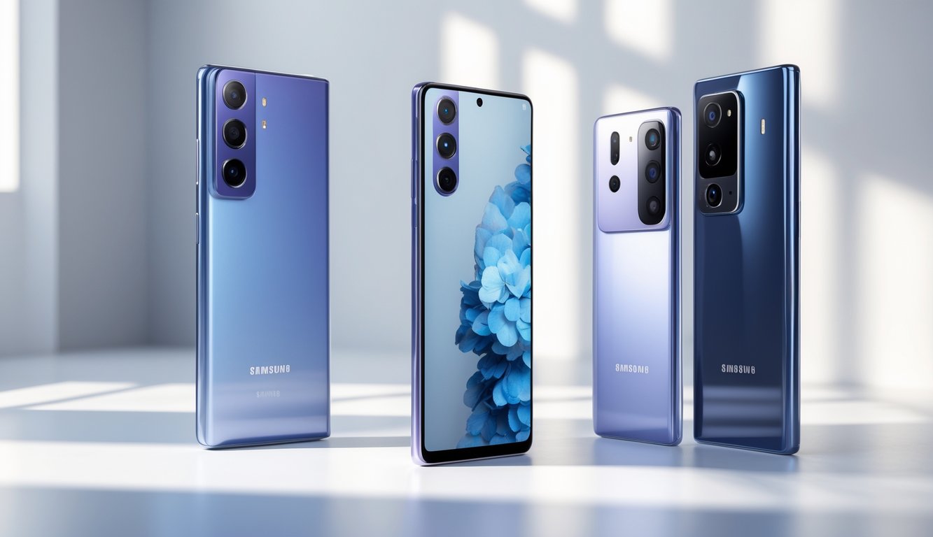 Tiga ponsel Samsung Galaxy S23, S23+, dan S23 Ultra yang ditampilkan berdampingan di atas permukaan putih dengan pencahayaan alami.