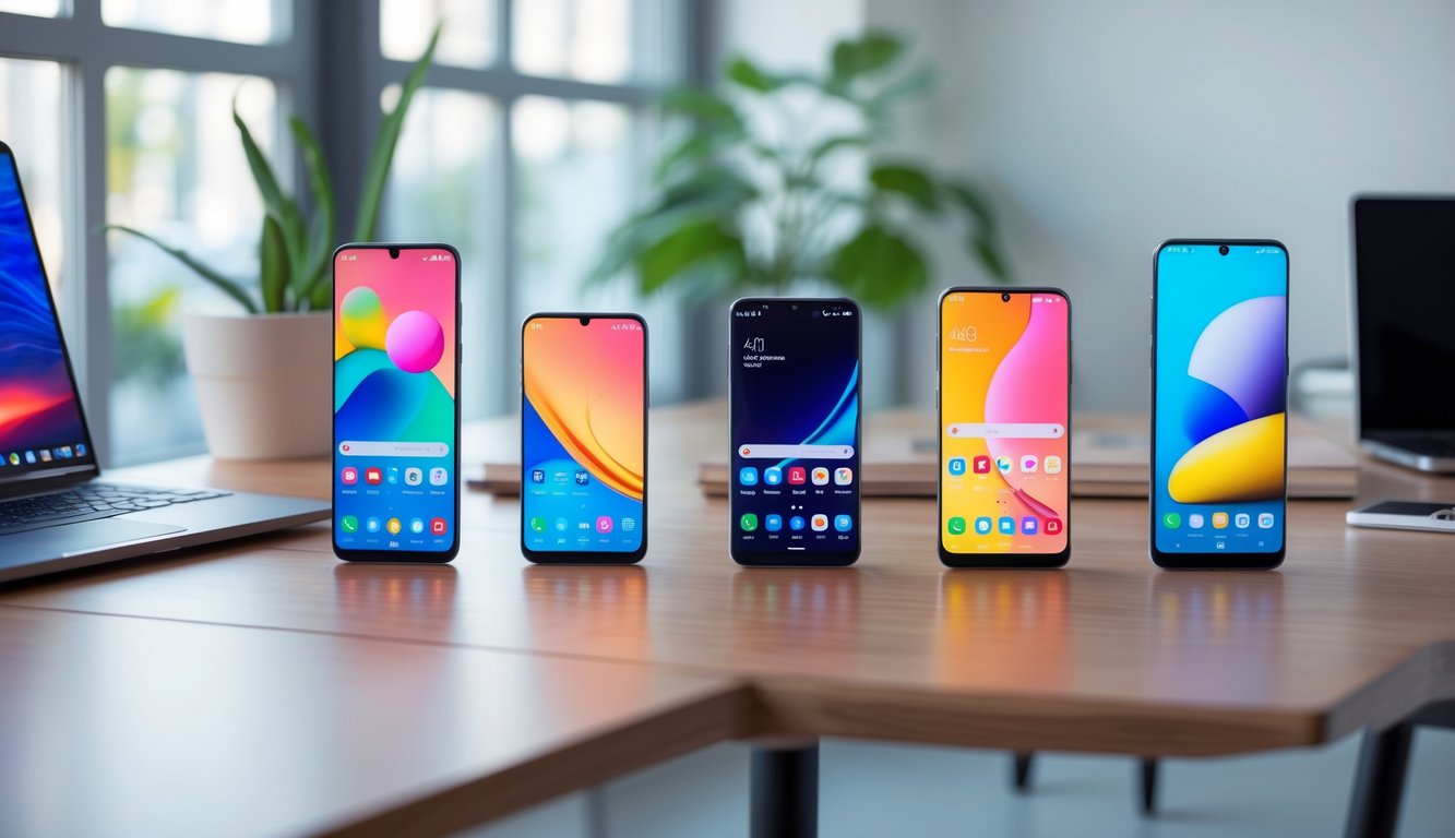 Beberapa ponsel Samsung terbaru diletakkan di atas meja kayu di ruang kerja yang terang dengan tanaman dan laptop di latar belakang.