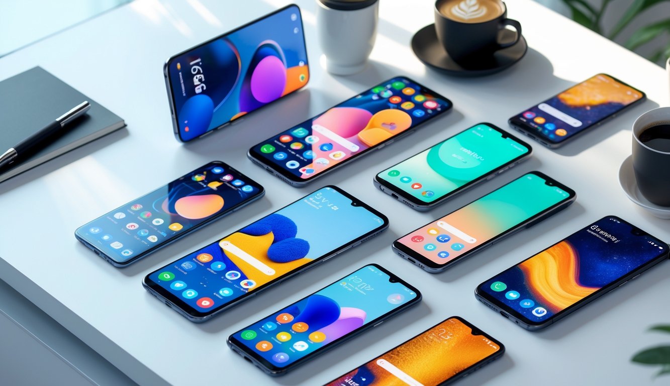 Beberapa ponsel Samsung terbaru tertata rapi di atas meja dengan latar belakang buram dan pencahayaan lembut.