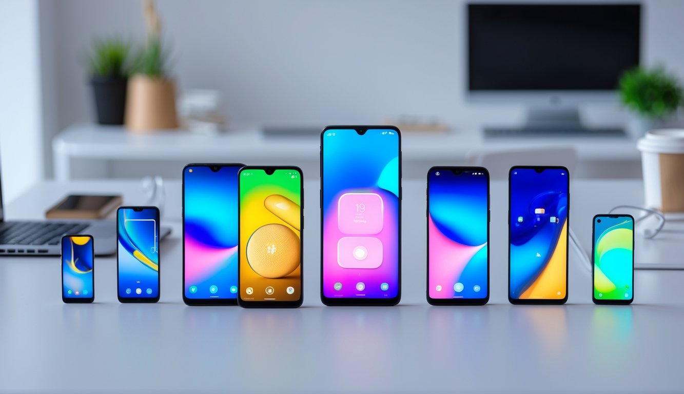 Beberapa ponsel Samsung Galaxy seri A dan M yang tersusun rapi di atas meja dengan latar belakang ruang kerja teknologi.