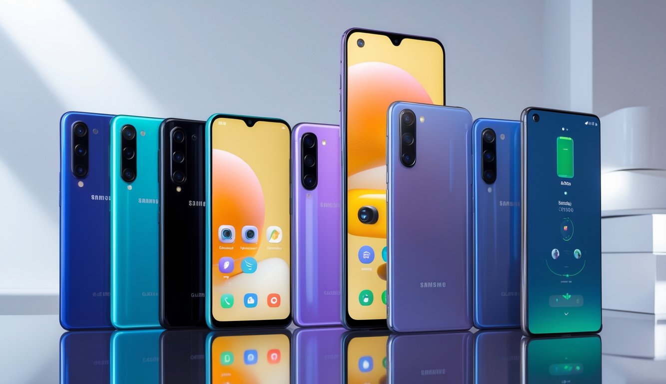 Beberapa ponsel Samsung Galaxy seri A dan M yang ditata rapi di atas permukaan reflektif dengan tampilan layar yang menonjolkan fitur kamera dan baterai.