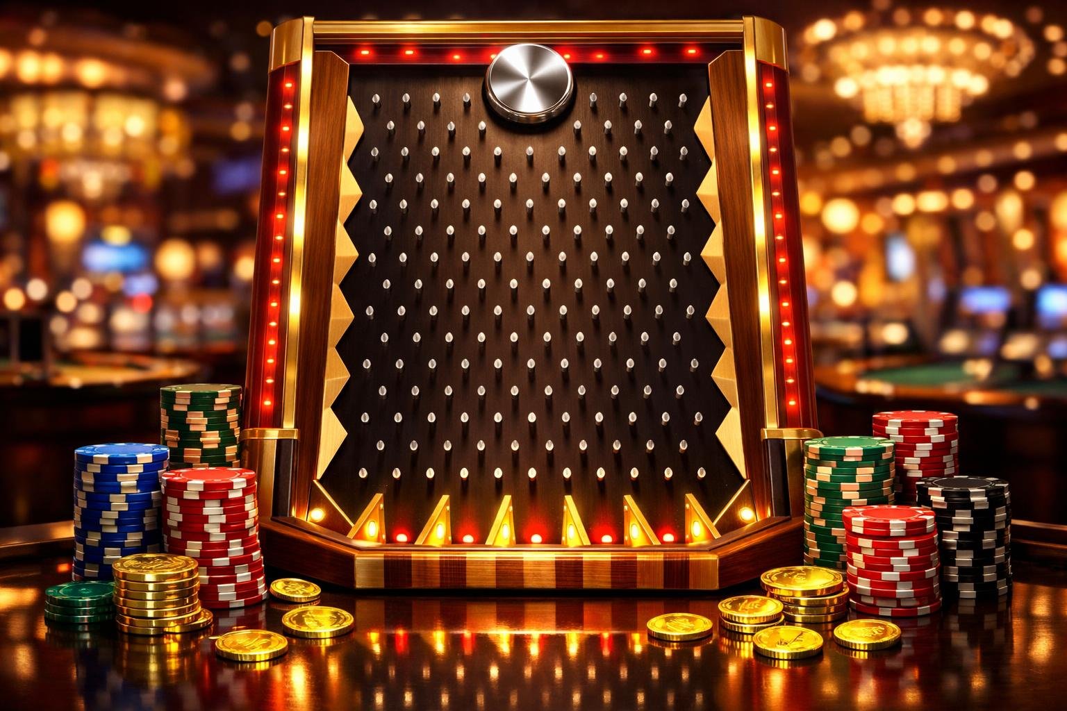 A Plinko Game Board With A Disc Ready To Drop, Surrounded By Casino Chips And Coins On A Glossy Surface.