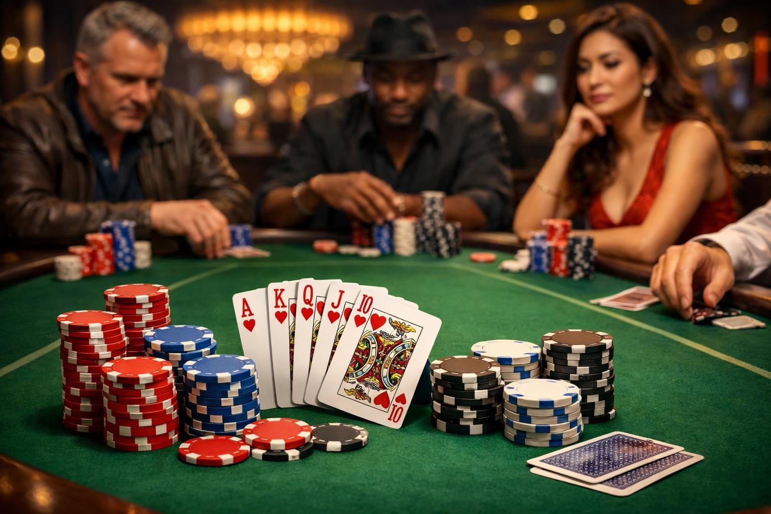 A Poker Table With Chips, Cards, And Players Engaged In A Game Inside A Casino.