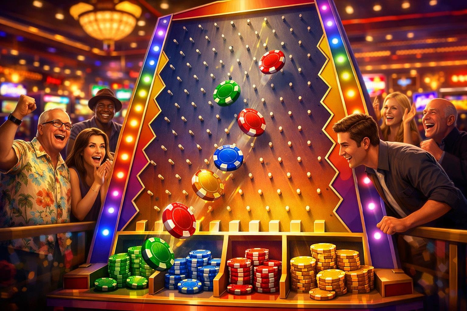 A Lively Casino Scene Showing People Playing A Plinko Game With Chips Dropping Through Pegs Into Slots At The Bottom.