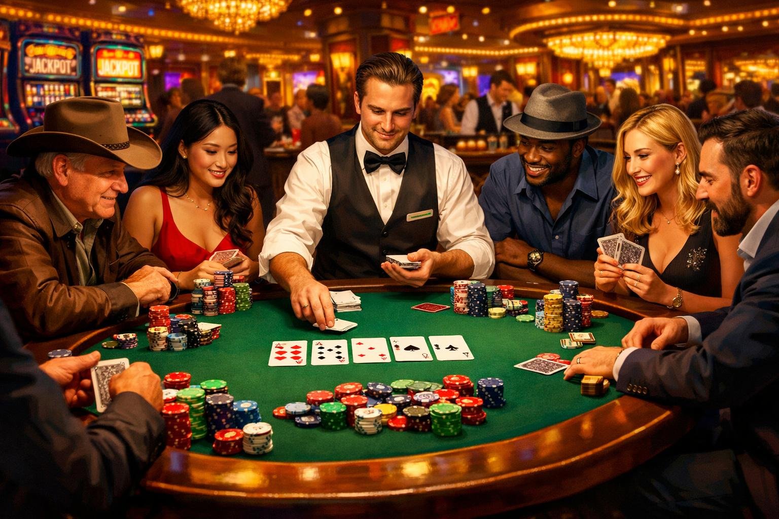 A Lively Casino Scene Showing People Playing Poker Around A Table With Chips And Cards.