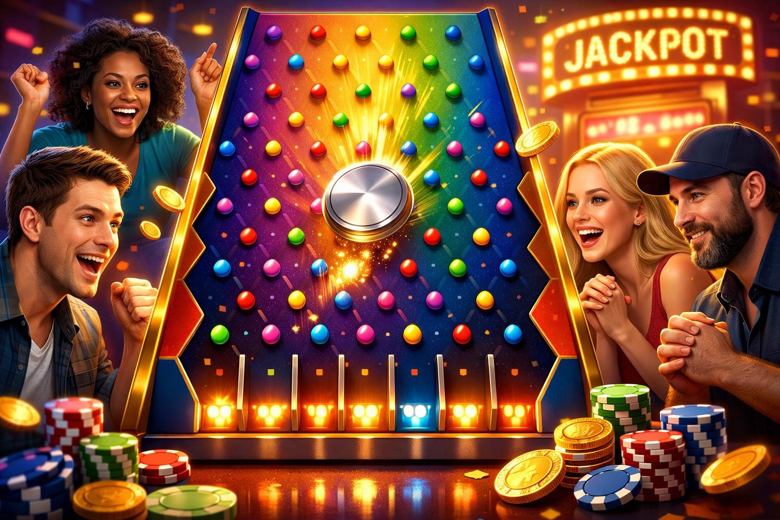 Players Enjoying A Plinko Casino Game With A Disc Bouncing Down A Colorful Board Surrounded By Casino Chips And Coins.
