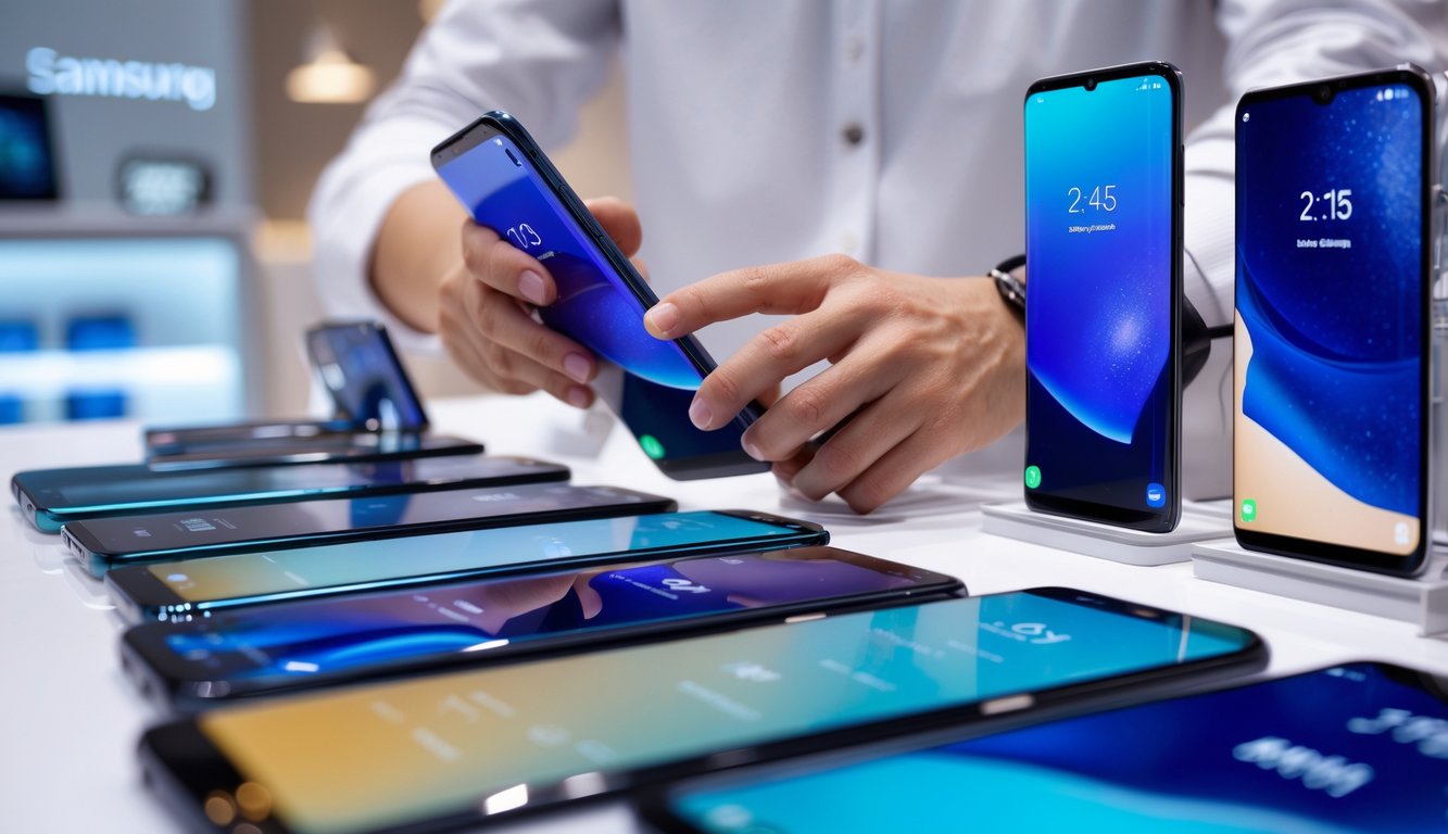 Seseorang memilih ponsel Samsung Galaxy baru dari beberapa model yang ditampilkan di konter toko.