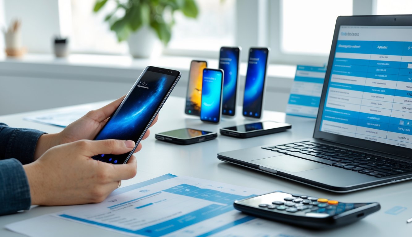 Seseorang sedang memegang ponsel Samsung Galaxy di meja kerja dengan beberapa ponsel lain, dokumen anggaran, kalkulator, dan laptop di sekitarnya.