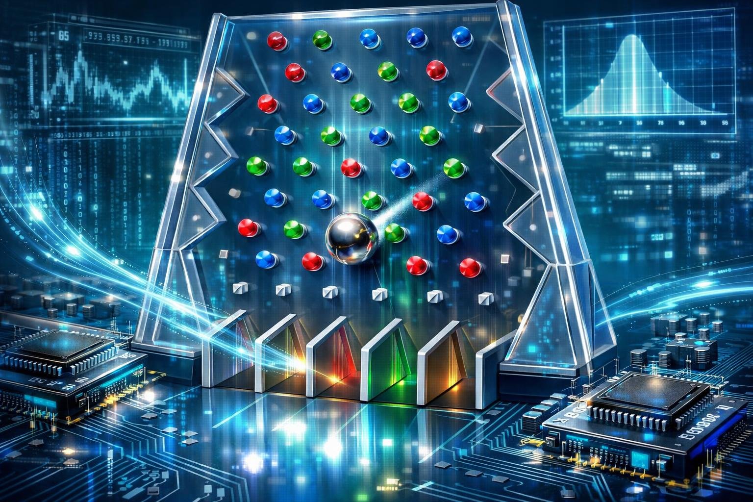A Transparent Plinko Board With A Ball Bouncing Off Pegs, Surrounded By Digital Circuits And Holographic Data Displays Representing The Technology Behind The Game.